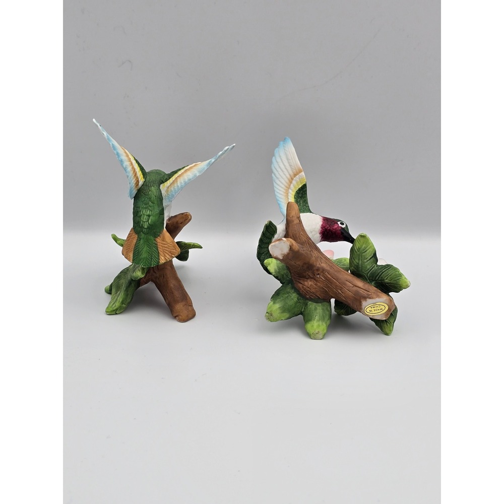 Pair Ceramic Hummingbirds with Flowers Figurine Hand Painted Collectible - Picture 6 of 8